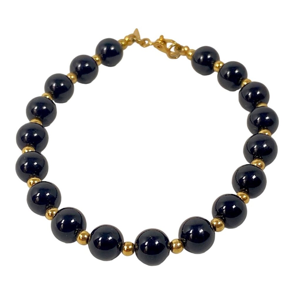 Monet Beaded Bracelet 7" Black Lucite Gold Plated Bead 80s Plastic Jewelry VTG